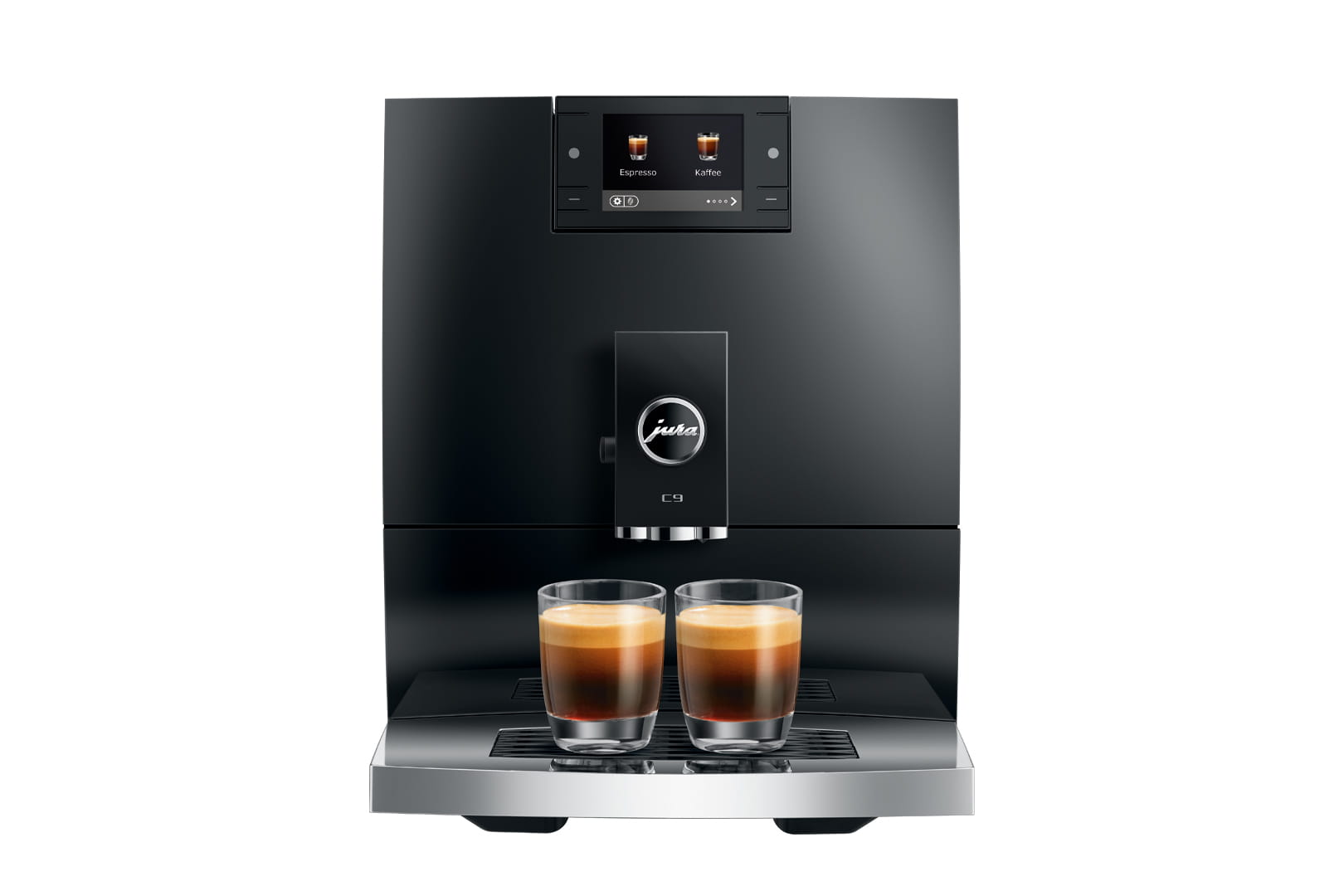 JURA C9 Piano Black widok ekspresu i filiżanki kawy